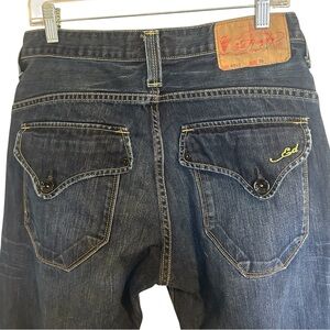 Ed Hardy Jeans Mens 32X33 Blue Button Fly Distressed Whiskered Hip Hop Audigier